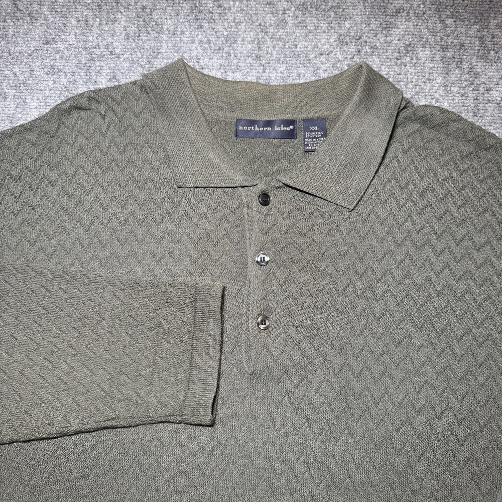 Northern Isles Polo Long Sleeve Green Olive‎ Textured Men 2XL Acrylic Nylon